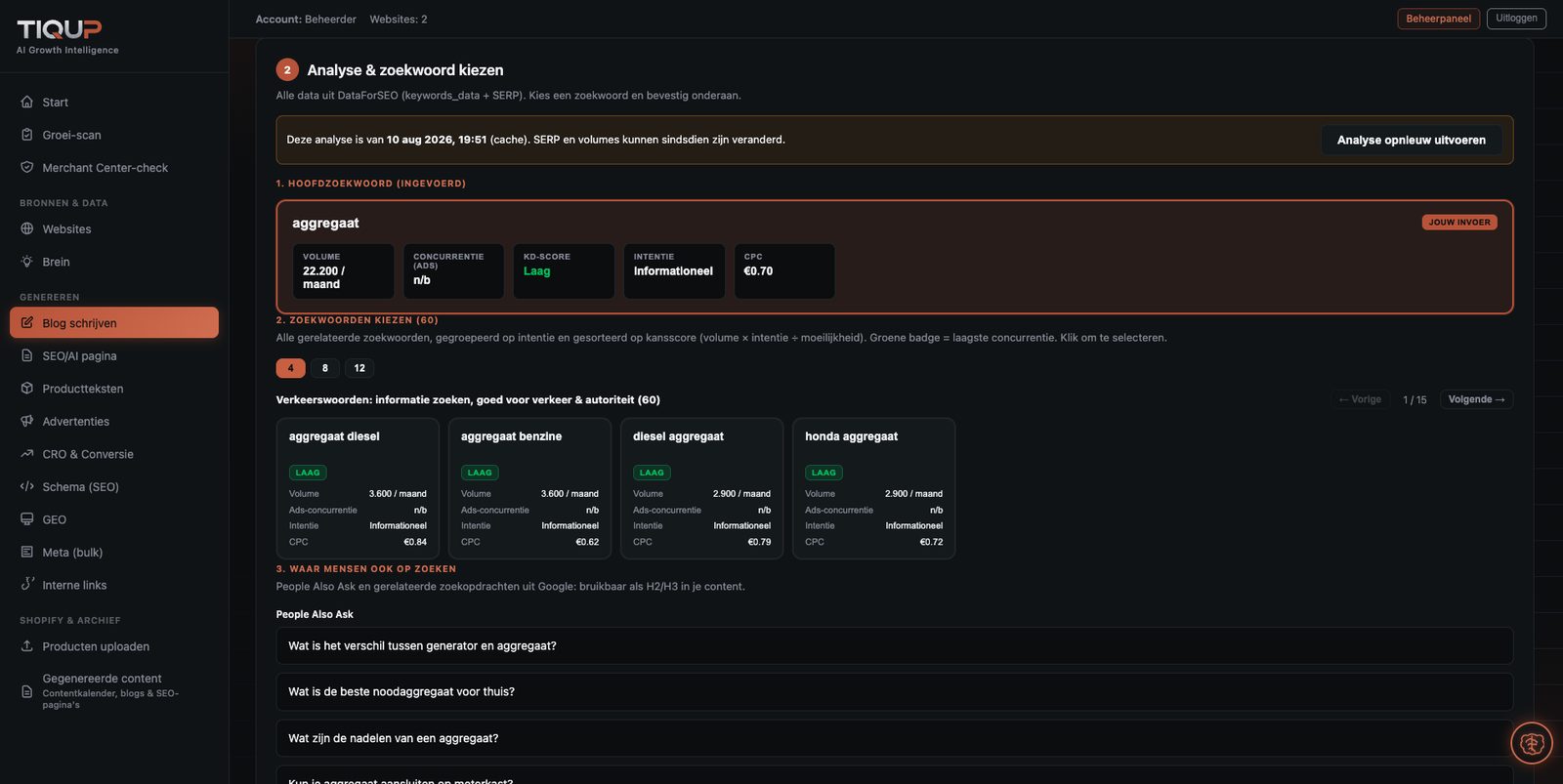 Zoekwoordanalyse met zoekvolume, concurrentie, KD-score, intentie en CPC uit DataForSEO, plus de vragen die mensen in Google stellen