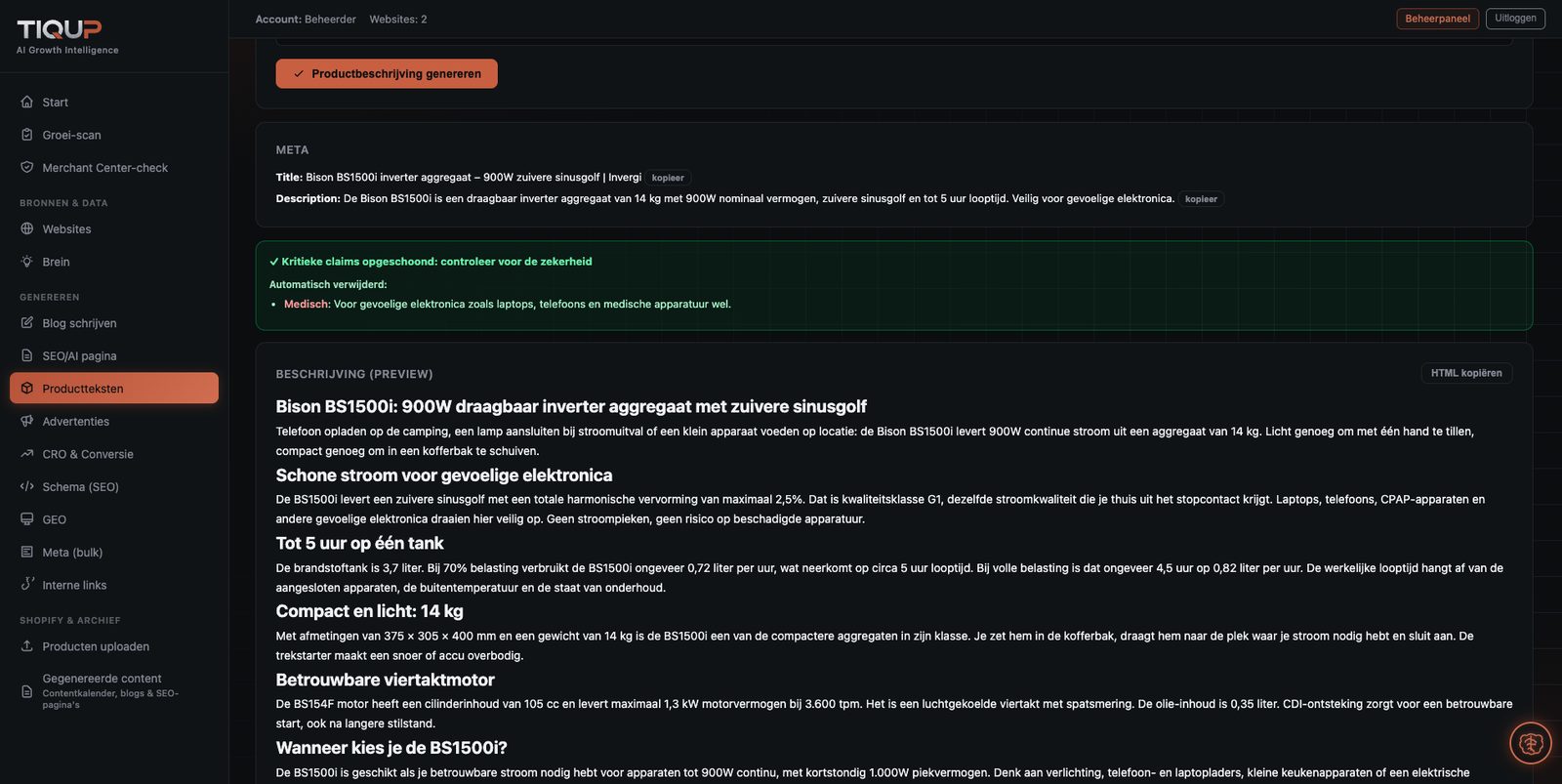Gegenereerde productbeschrijving met meta title en description, en een controle die risicovolle claims automatisch verwijdert